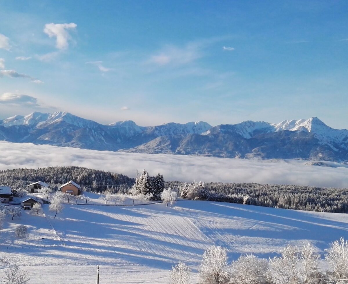 Winterliche Aussicht vom Bauernhof mit schneebedeckten Feldern, Häusern, Talnebel und Bergen im Hintergrund.