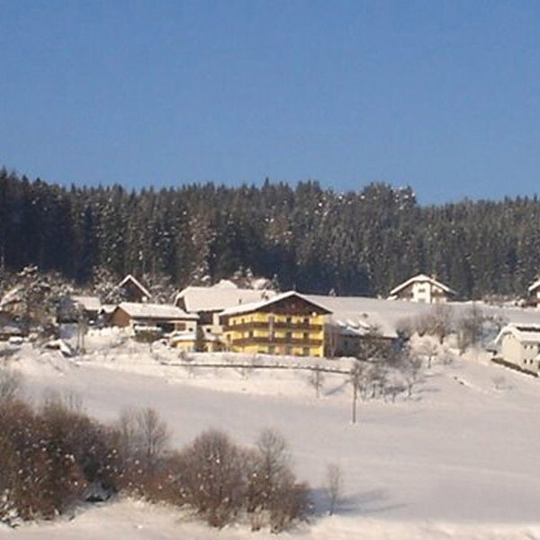 Der Bauernhof und die umliegenden Häuser in einer winterlichen, verschneiten Landschaft mit Wald im Hintergrund.
