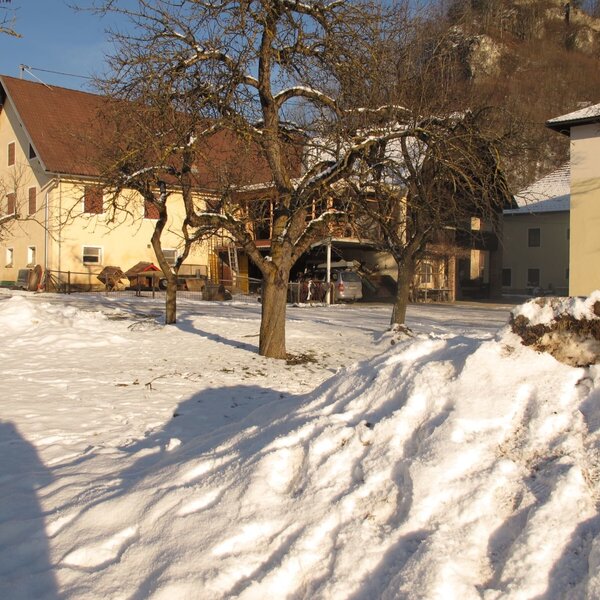 Die Außenansicht des Bauernhofs im Winter, mit schneebedecktem Gelände und kahlen Obstbäumen.