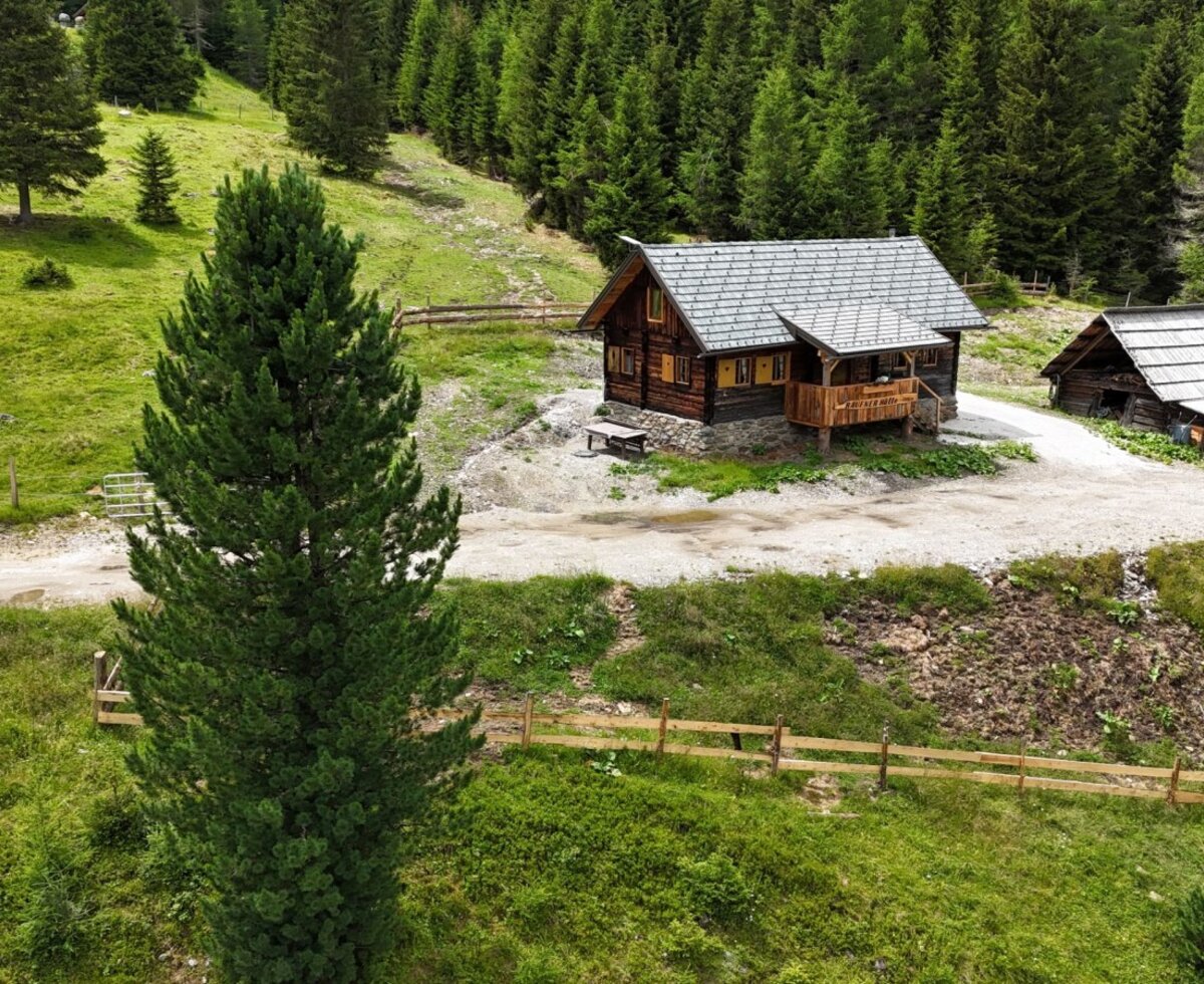 Die urige Alm inmitten saftig grüner Wiesen und dichter Nadelwälder.