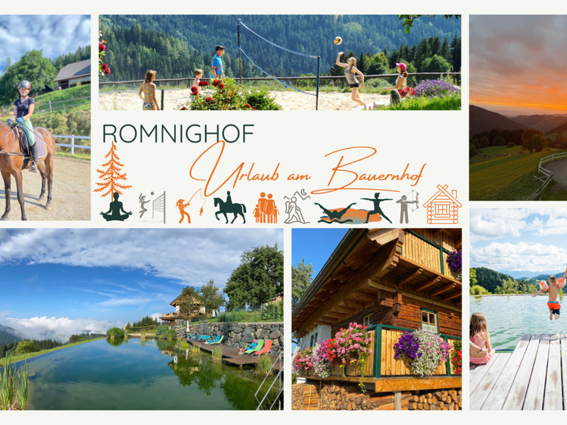 Vielfältige Aktivitäten am Bauernhof Romnighof, darunter Reiten, Beachvolleyball, Schwimmen im Naturbadeteich und Ausblicke auf die Berglandschaft bei Sonnenuntergang.