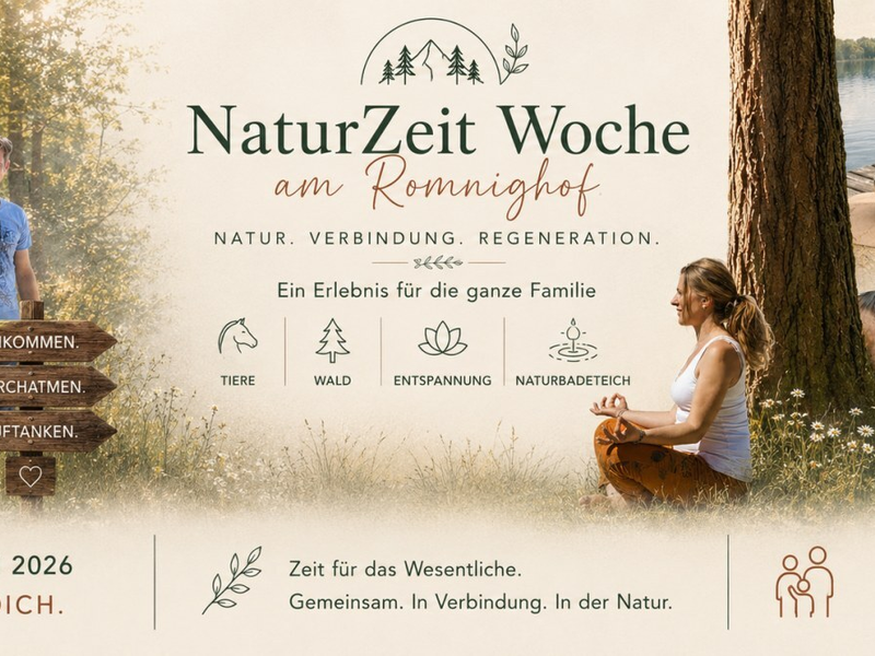 Gäste genießen naturbezogene Aktivitäten wie Reiten, Meditation und Wellness am Naturbadeteich auf dem Bauernhof.