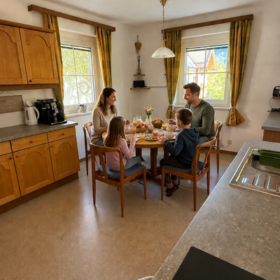 Küche und Essbereich im Ferienhaus mit einem runden Tisch für gemeinsame Mahlzeiten.