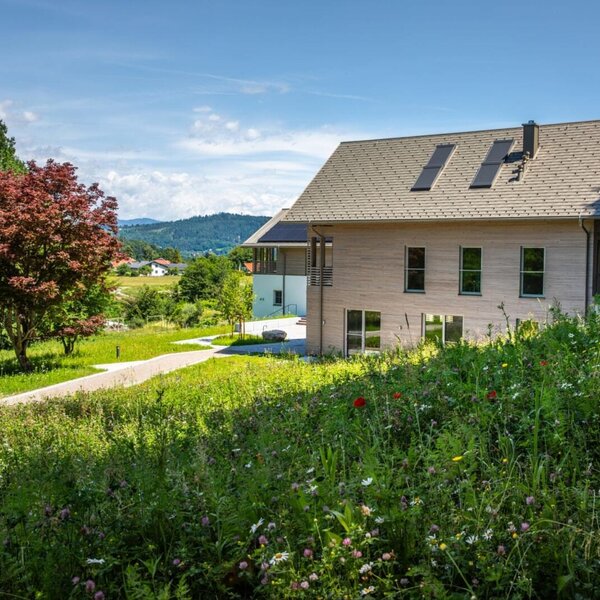 Außenansicht der Ferienwohnung mit Holzfassade, umgeben von einer blühenden Wiese und einem Zugangsweg.