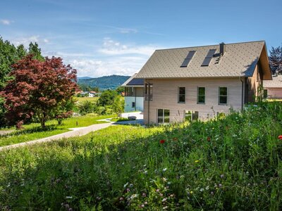 Außenansicht der Ferienwohnung mit Holzfassade, umgeben von einer blühenden Wiese und einem Zugangsweg.