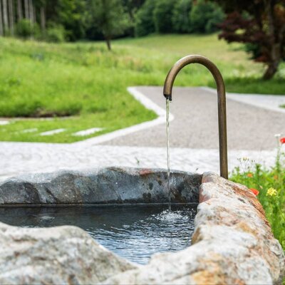 Ein charmanter Steinbrunnen mit fließendem Wasser im einladenden Gartenbereich der Ferienwohnung.