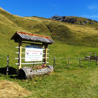 Das Holzschild an der Alm informiert über frische und hausgemachte Produkte vom Hof.