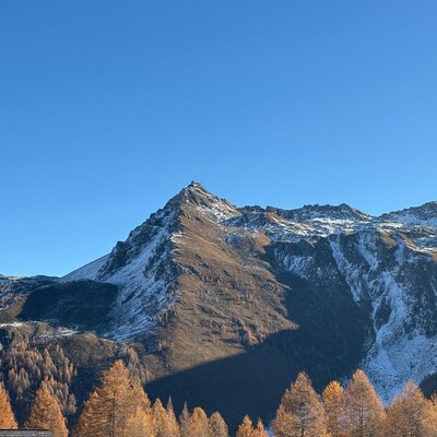Aussicht auf schneebedeckte Berggipfel und goldene Bäume in der Umgebung der Alm.