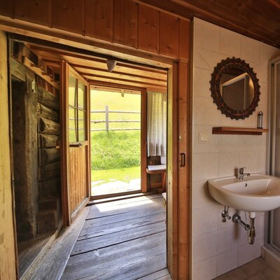 Das Badezimmer der Almhütte ist mit einem Waschbecken, einem Spiegel und einer Duschkabine ausgestattet und bietet direkten Zugang nach draußen.