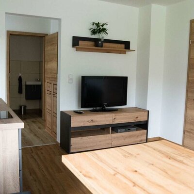 Wohnbereich des Alpakahofs mit Küchenzeile, Esstisch und Fernseher.