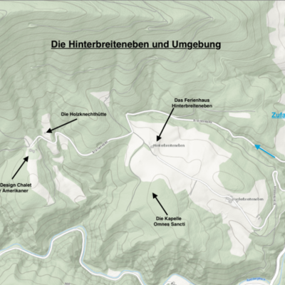 Lageplan des Bauernhofs und seiner Umgebung mit Zufahrtswegen und nahegelegenen Attraktionen.