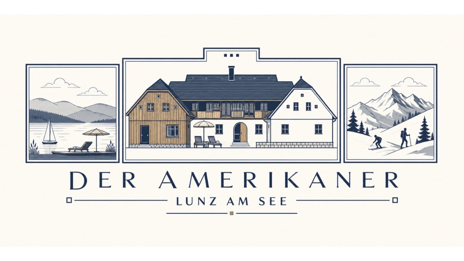 Logo / Illustration des Designchalets genannt "Der Amerikaner" in Lunz am See,  Seeaktivitäten und Bergsportmöglichkeiten in der Umgebung.