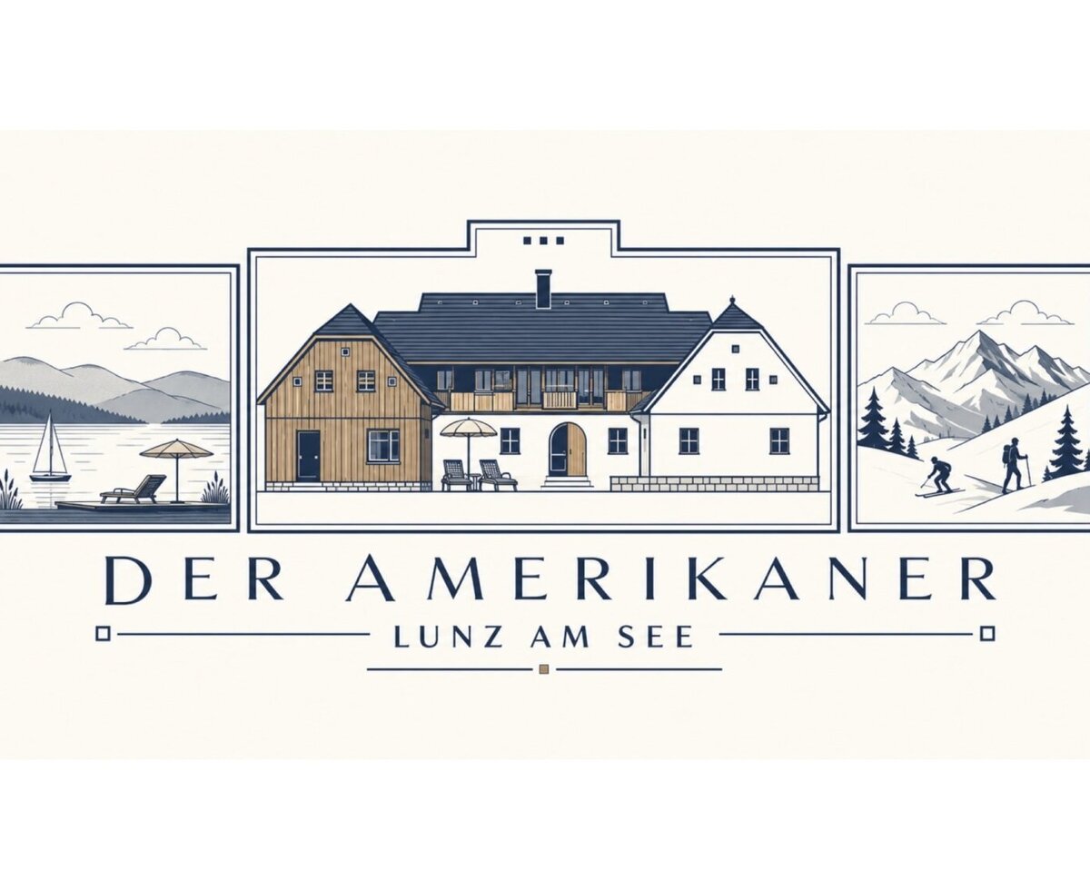 Logo / Illustration des Designchalets genannt "Der Amerikaner" in Lunz am See,  Seeaktivitäten und Bergsportmöglichkeiten in der Umgebung.