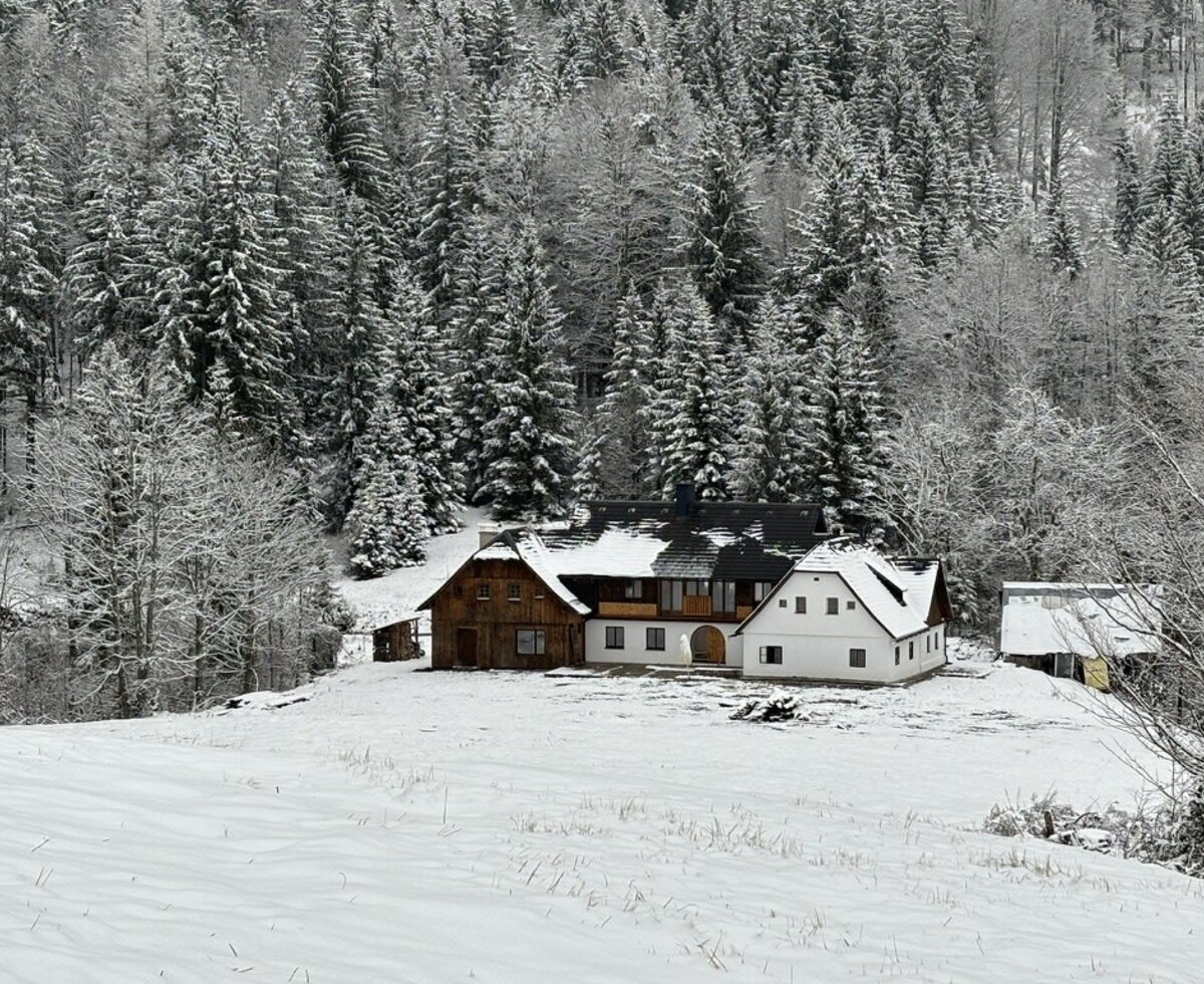 Das Designchalet genannt der Amerikaner in einer verschneiten Landschaft mit Wald im Hintergrund.