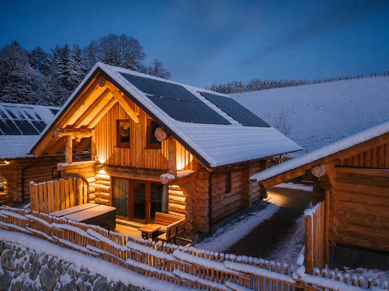 Die einladenden Blockhütten des Bauernhofs im stimmungsvollen Abendlicht, umgeben von einer verschneiten Winterlandschaft.