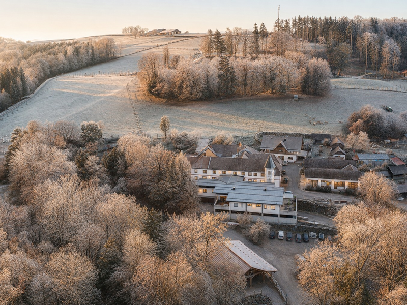 Malerischer Blick aus der Vogelperspektive auf den Bauernhof, umgeben von frostigen Wäldern und verschneiten Feldern im sanften Winterlicht.
