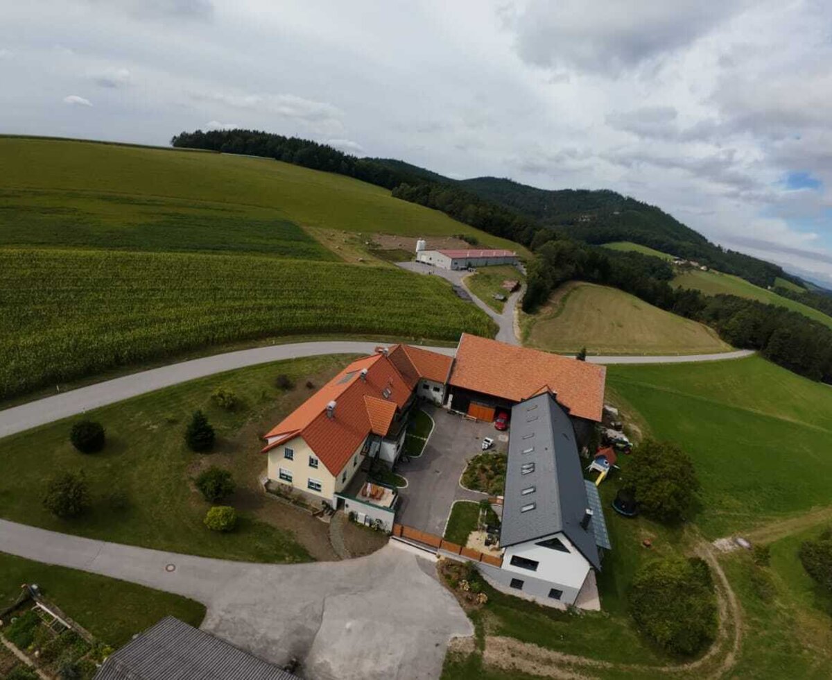 Luftaufnahme des Bauernhofs mit seinen Gebäuden, umgeben von grünen Feldern und Hügeln.