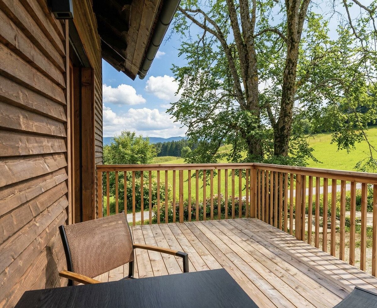 Der einladende Holzbalkon des Landhofs mit gemütlicher Sitzgelegenheit und herrlichem Blick auf die grünen Wiesen.