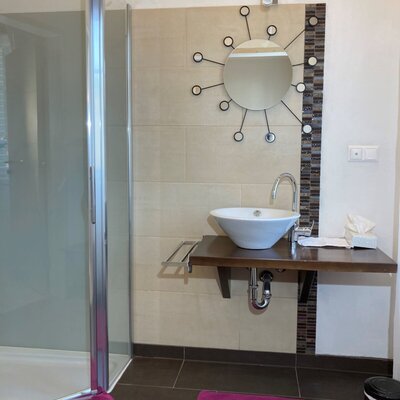 Badezimmer im Bauernhof mit Duschkabine, Aufsatzwaschbecken und Wandspiegel.