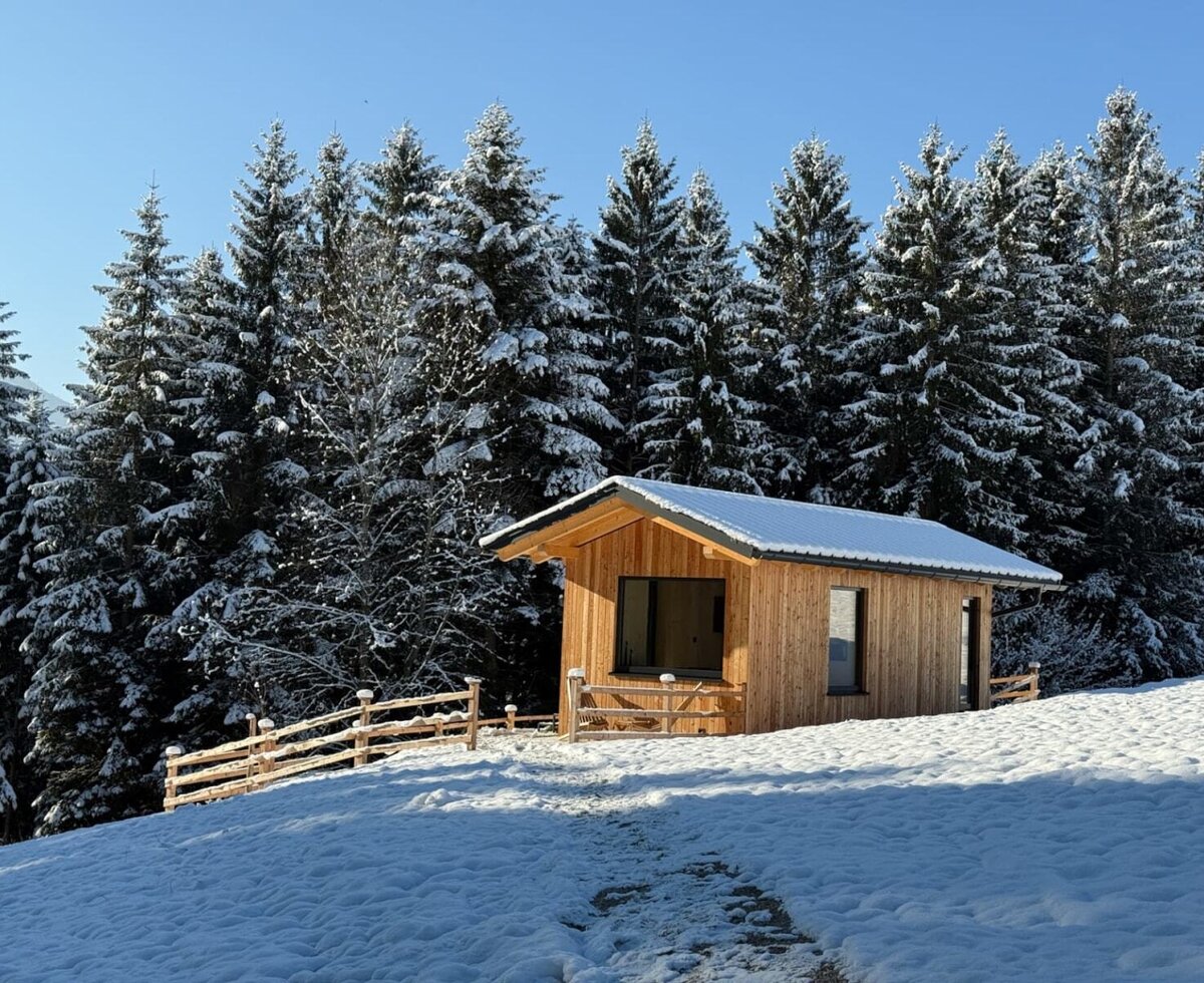 Das Tiny House inmitten einer verschneiten Winterlandschaft, umgeben von dichten Nadelbäumen.