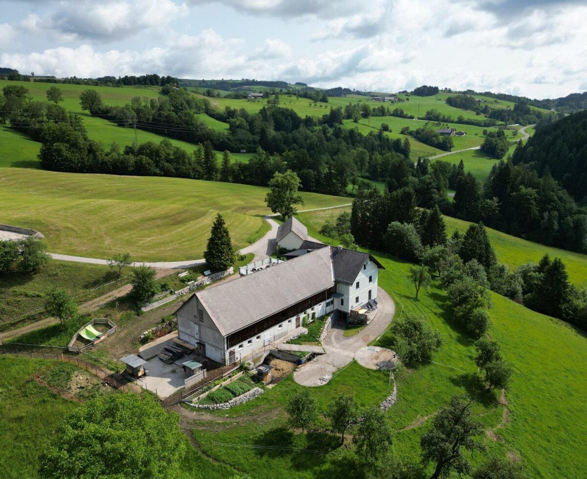 Der idyllisch gelegene Bauernhof, eingebettet in weite grüne Wiesen und eine sanfte Hügellandschaft.
