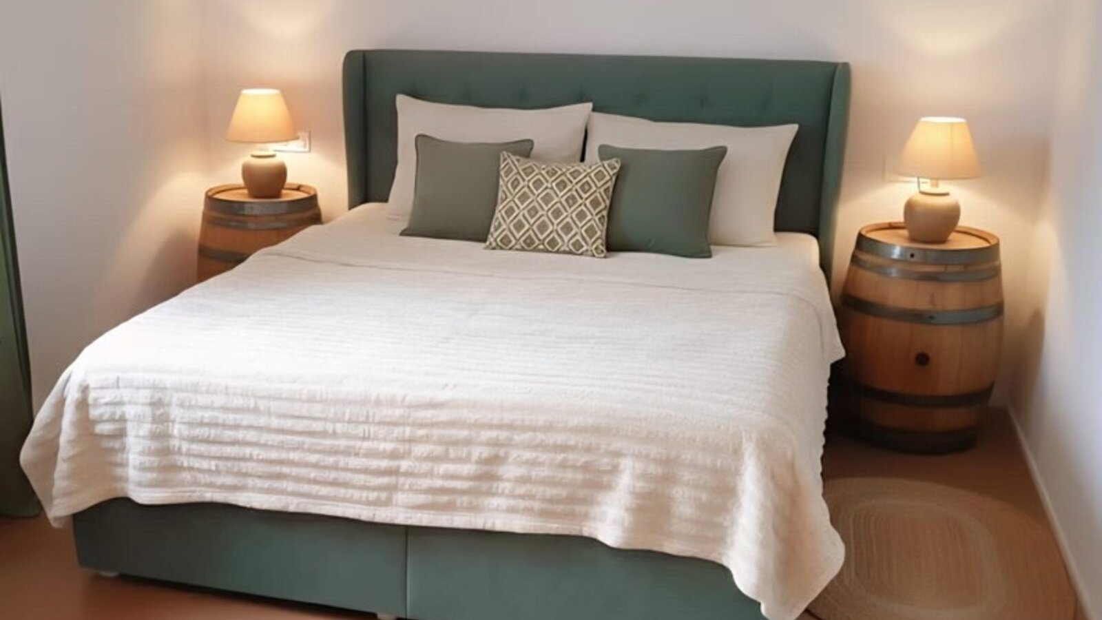 Ein gemütliches Schlafzimmer im Winzerhof mit einem einladenden Doppelbett und rustikalen Weinfässern als Nachttische.