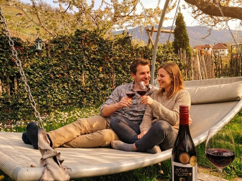 Der idyllische Garten des Winzerhofs lädt mit einer großen, gemütlichen Hängeschaukel zum Entspannen bei einem Glas Wein ein.