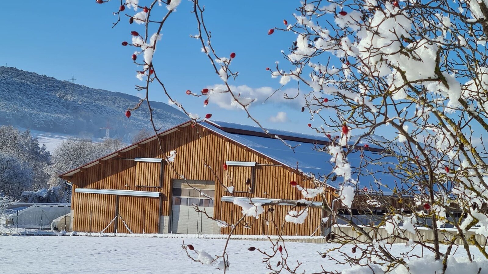 Das Bauernhofgebäude mit Holzfassade, verschneitem Dach und Solarpanelen in einer winterlichen Landschaft.