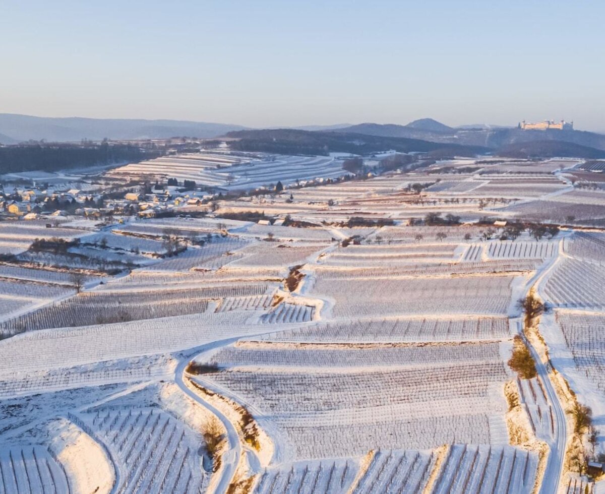 Die schneebedeckte Winterlandschaft mit Weinbergen um Tiefenfucha und Stift Göttweig.