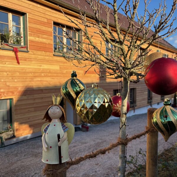 Weihnachtliche Dekoration vor Landhof