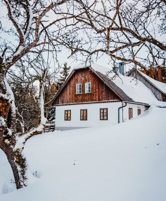 Das Ferienhaus mit weißer Fassade und Holzgiebel, umgeben von Schnee und winterlichen Bäumen.