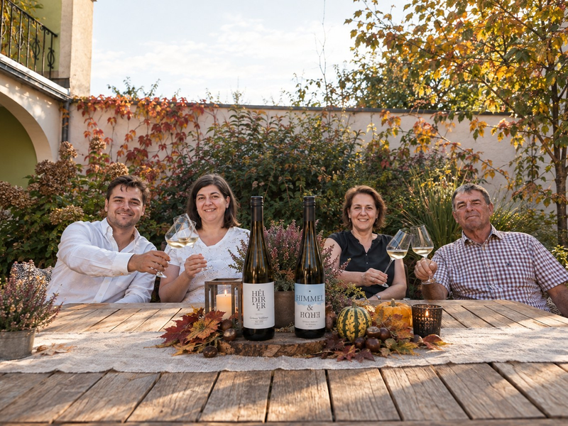 Die herzlichen Gastgeber des Hauses laden zu einem gemütlichen Glas Wein am liebevoll herbstlich dekorierten Gartentisch ein.