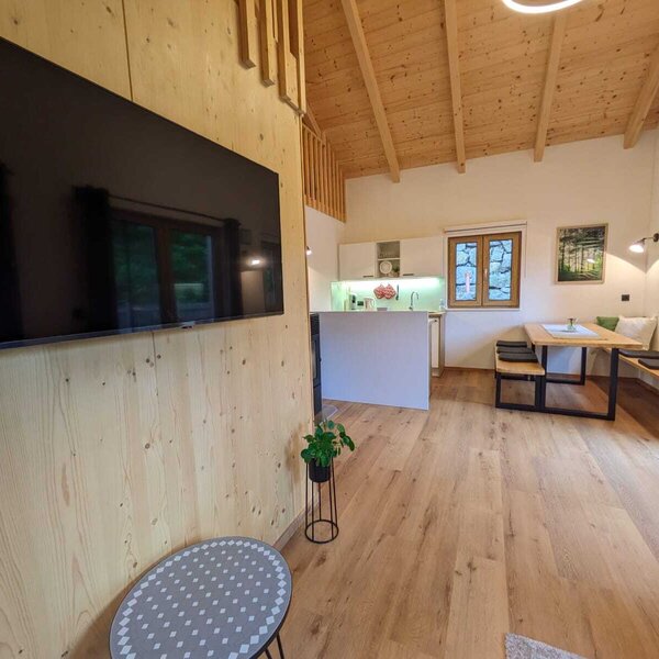 Wohnbereich des Ferienhauses mit großem Fernseher, offener Küche und Essbereich mit Holztisch und Sitzbänken.