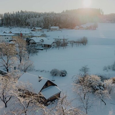 Verschneite Winterlandschaft des Bauernhofs mit dem Chalet im Obstgarten, umgeben von weiteren Häusern und Wald.
