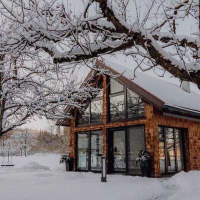 Das Chalet im Obstgarten des Bauernhofs im Winter, mit schneebedeckten Bäumen und einem geräumten Zugangsweg.