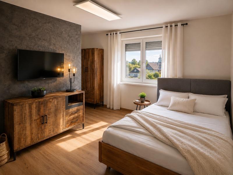 Schlafzimmer  mit Doppelbett, Holzmöbeln, Fernseher und Fensterblick auf die Umgebung.