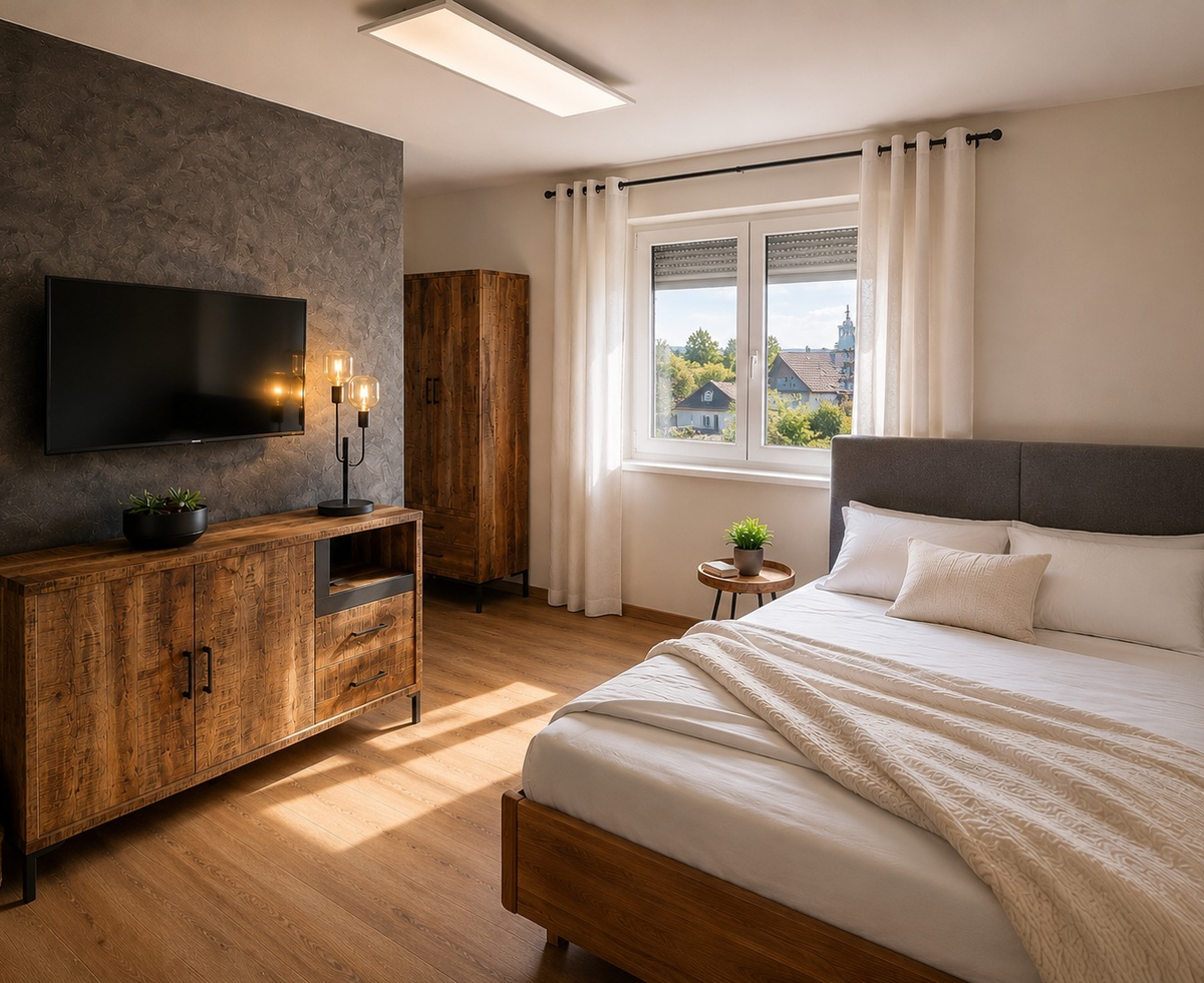 Schlafzimmer  mit Doppelbett, Holzmöbeln, Fernseher und Fensterblick auf die Umgebung.