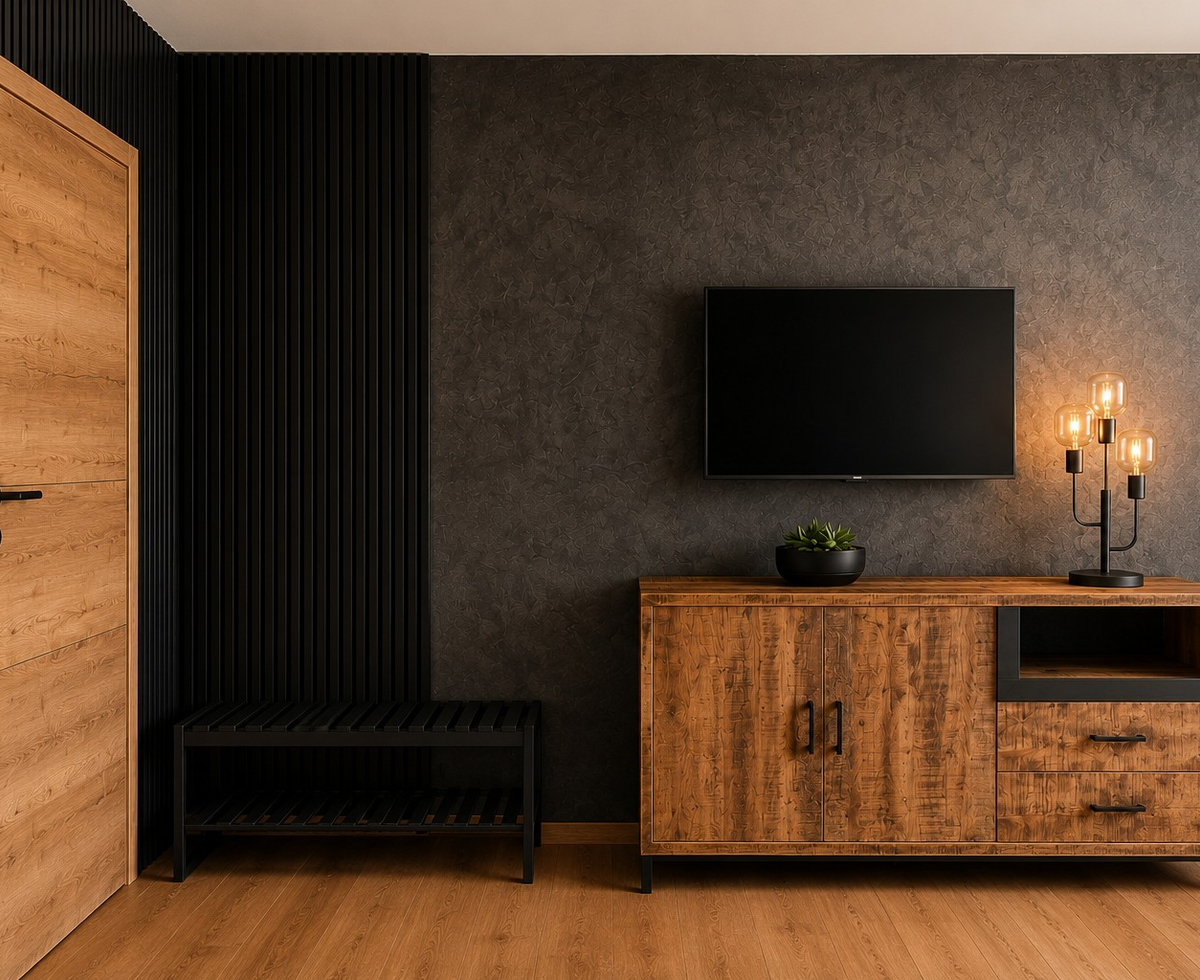 Der Eingangsbereich mit Holztür, TV und Holzschrank bietet Unterhaltung und Stauraum.