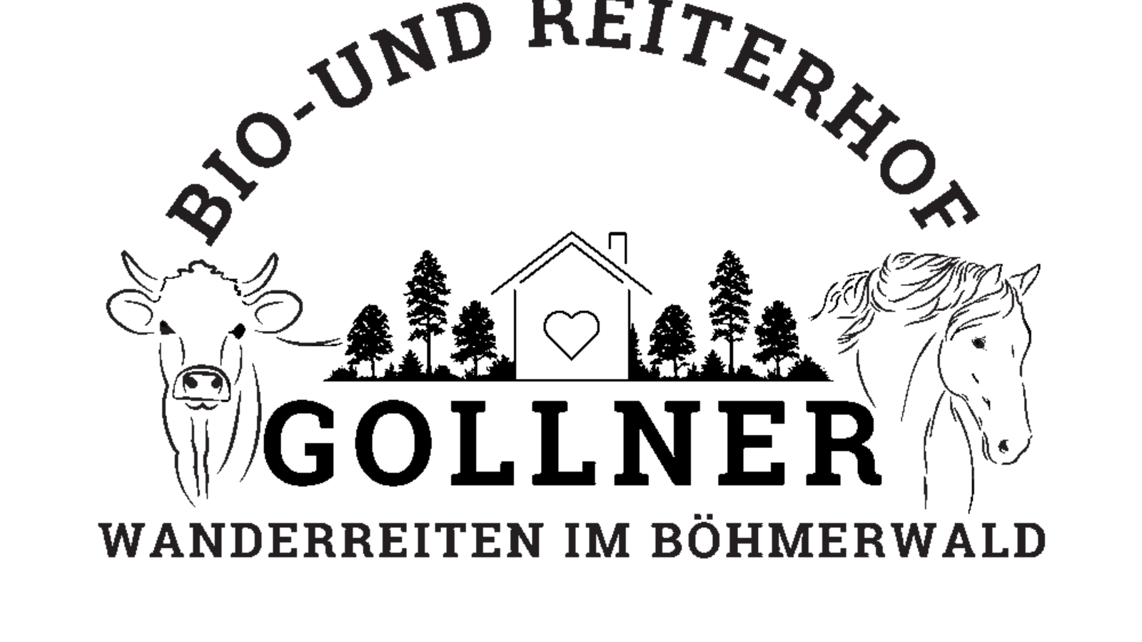 Logo des Bauernhofs mit dem Schriftzug 'Bio- und Reiterhof', einer Kuh, einem Pferd, Bergen und dem Hinweis 'Wanderreiten im Böhmerwald'.