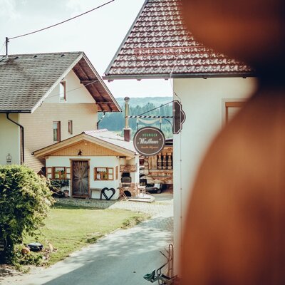 Ein Blick auf die Gebäude des Bauernhofs, darunter der Heuriger Waldlhans, mit einem grünen Gartenbereich und angrenzenden Wäldern.