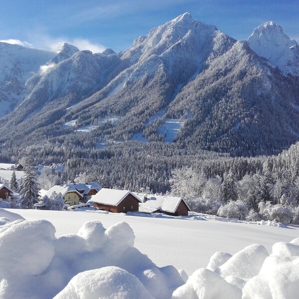 Die Winterlandschaft rund um den Bauernhof mit verschneiten Bergen, Wäldern und einem kleinen Weiler.