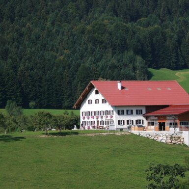 Außenansicht des Bauernhofs mit weißer Fassade, rotem Dach und einer erhöhten Holzterrasse, eingebettet in grüne Hügel vor einem Wald.