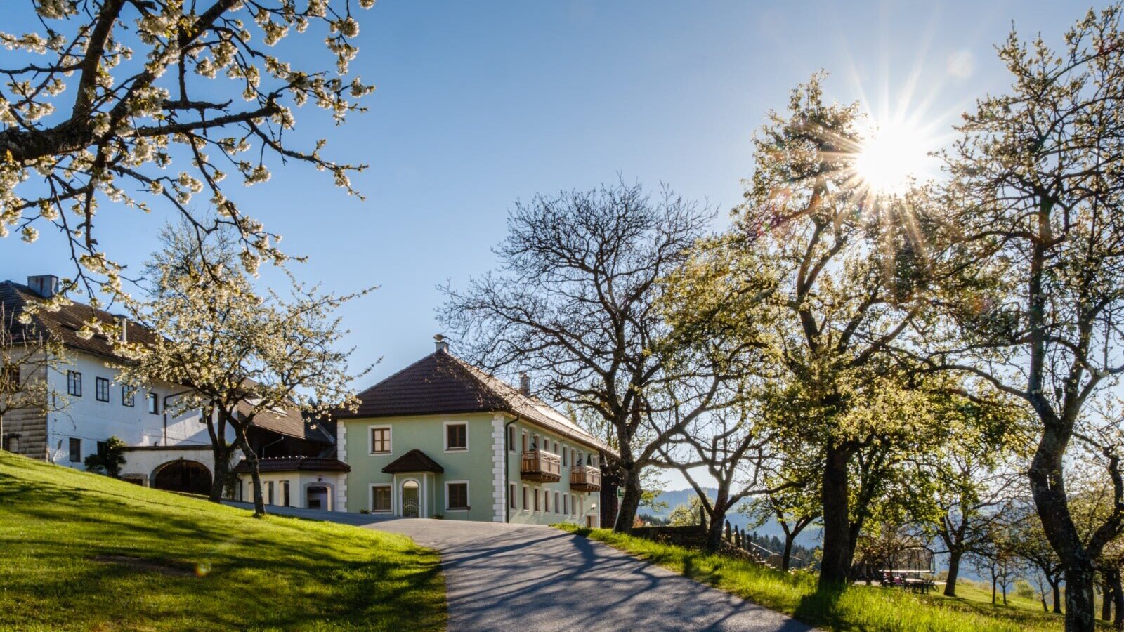 Der Bauernhof mit hellgrünem Gebäude, Balkonen und einer Zufahrt, umgeben von blühenden Bäumen und grünen Hügeln unter strahlendem Sonnenschein.