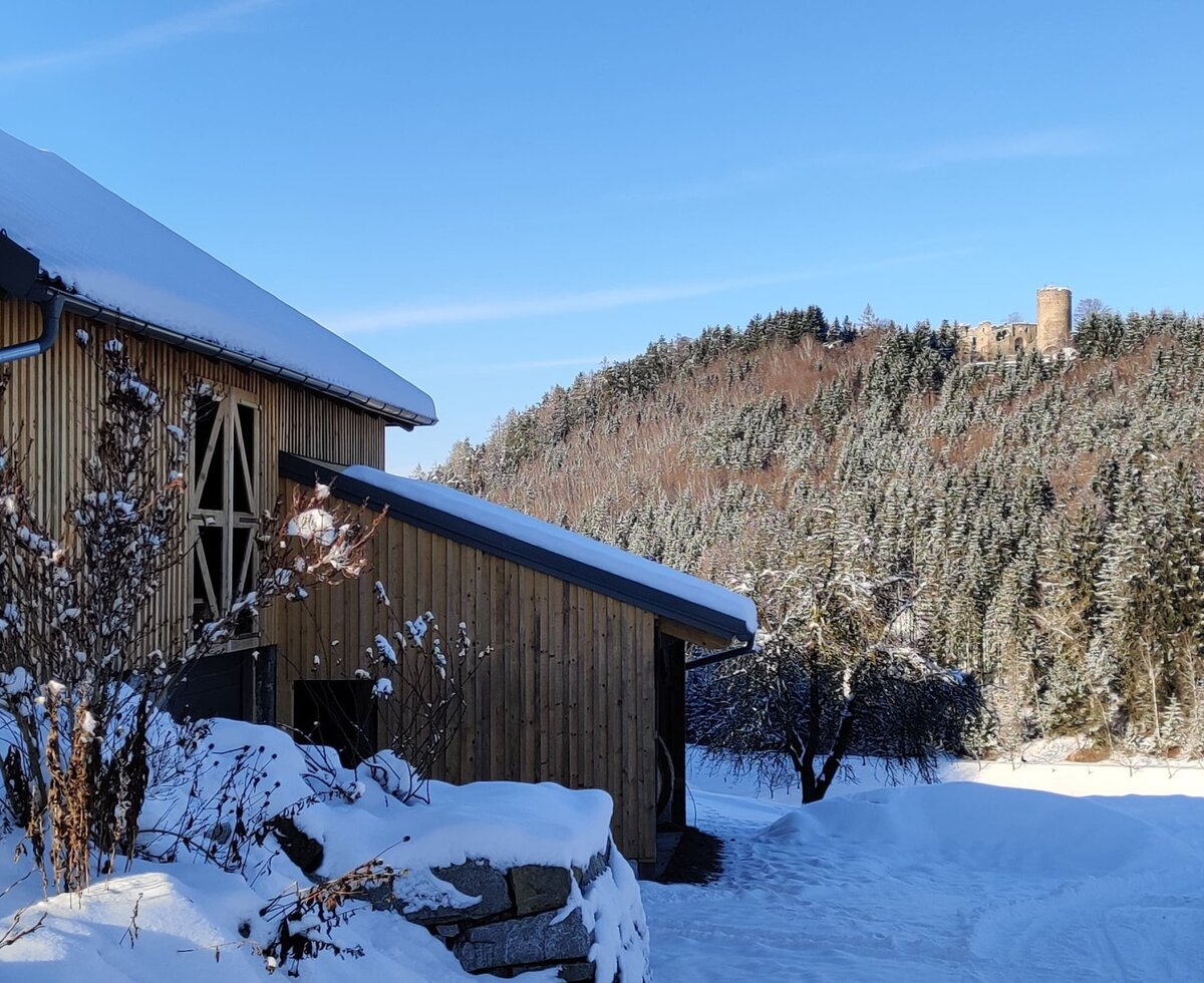 Der Bauernhof ist eingebettet in eine Winterlandschaft mit Blick auf die Burgruine auf dem bewaldeten Hügel.
