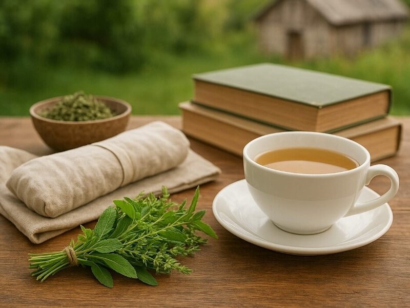 Kräutertee, frische und getrocknete Kräuter sowie Bücher auf einem Holztisch, die das Bio-Kräuterparadies des Bauernhofs für Gäste zeigen.