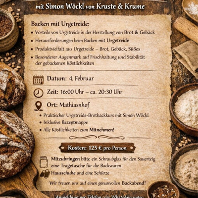 Ein Flyer bewirbt einen Urgetreide-Brotbackkurs, der auf dem Bauernhof angeboten wird.