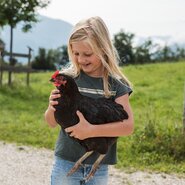 Auf dem Hof können Kinder mit Tieren wie diesem Huhn interagieren.