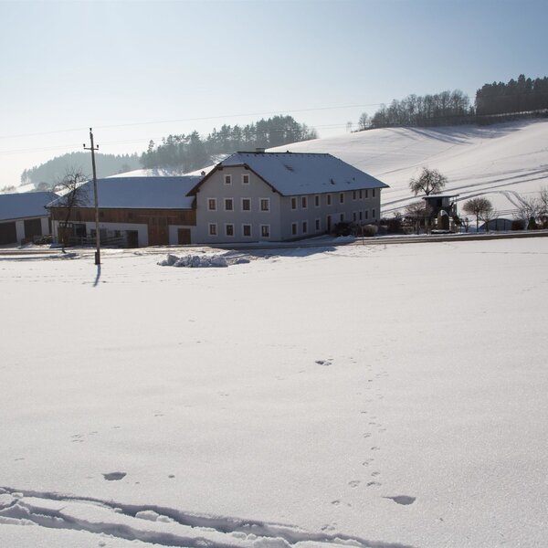 Außenansicht des Bauernhofs in einer verschneiten Winterlandschaft mit umliegenden Feldern und bewaldeten Hügeln.