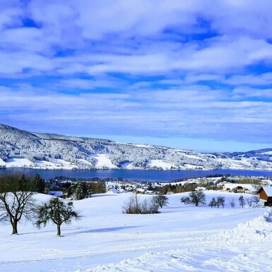 Winterliche Aussicht auf den Irrsee und die schneebedeckte Landschaft vom Bauernhof.