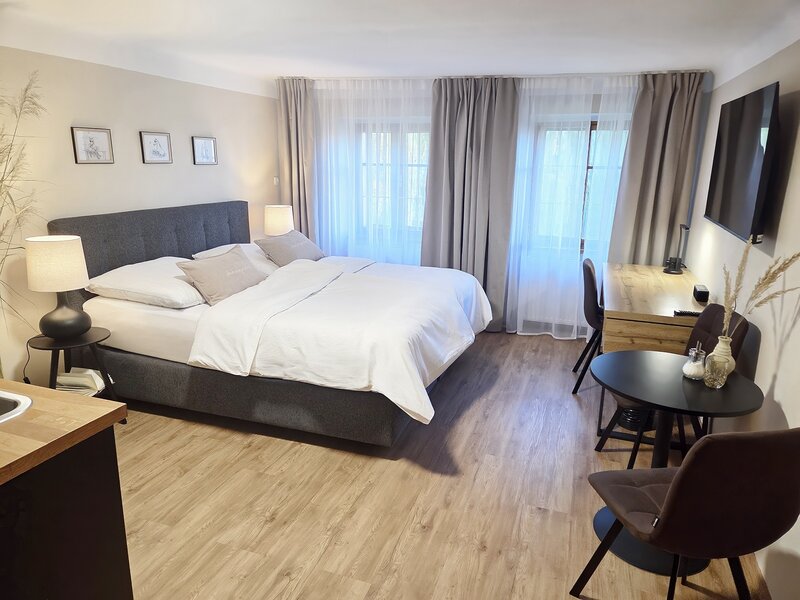 Das einladende 1-Raum-Apartment mit komfortablem Doppelbett, gemütlicher Sitzecke, einem praktischem Arbeitsplatz und einer kleinen Küchenzeile.